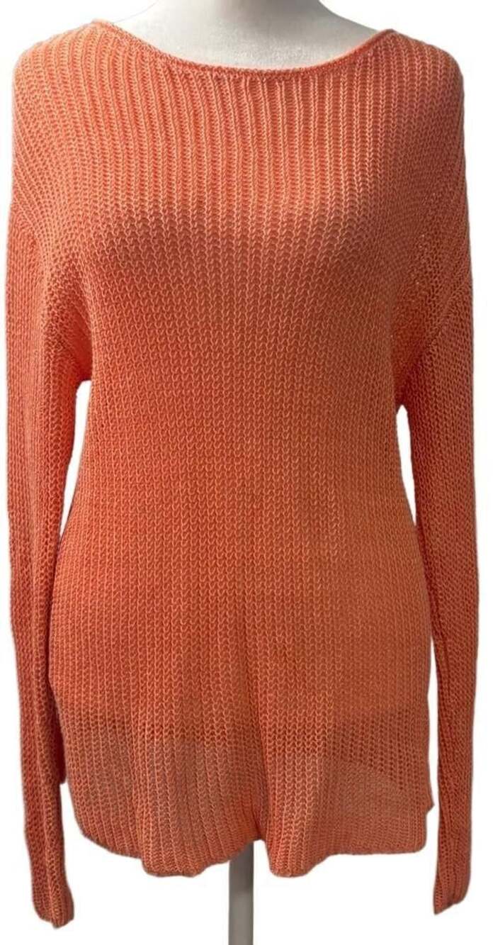 J.Jill Coral Orange Open Knit Long Sleeve Fall Light Sweater Linen Blend Medium
